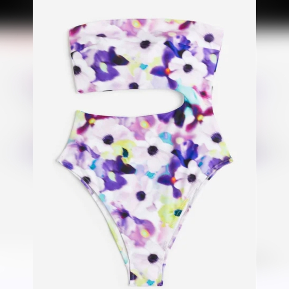 H&M Purple Floral High-Leg Bandeau Swimsuit Womens XL NWOT